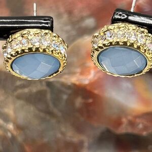 Gold Clear & Blue Faceted Crystal Halo Post Swarovski Crystal Earrings